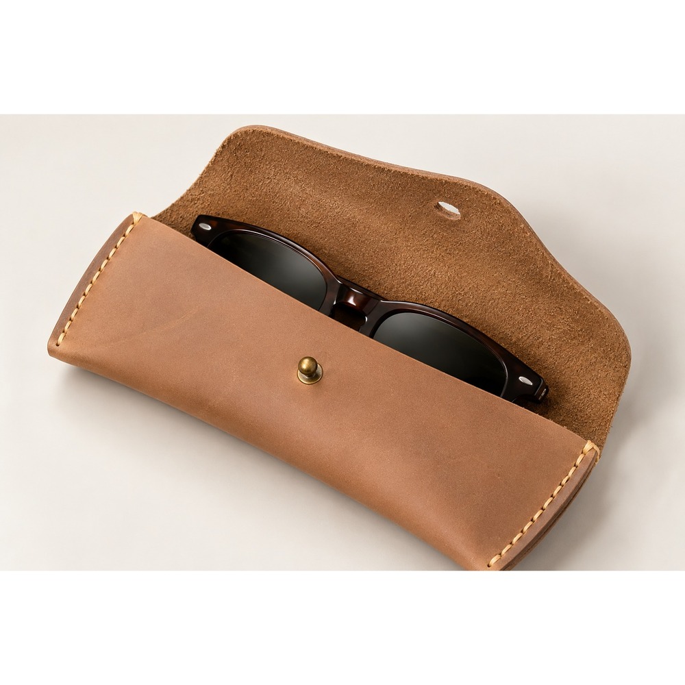 Handmade Leather Eyeglasses Sunglasses Case Brown Snap Closure 6.5" x 3", NEW